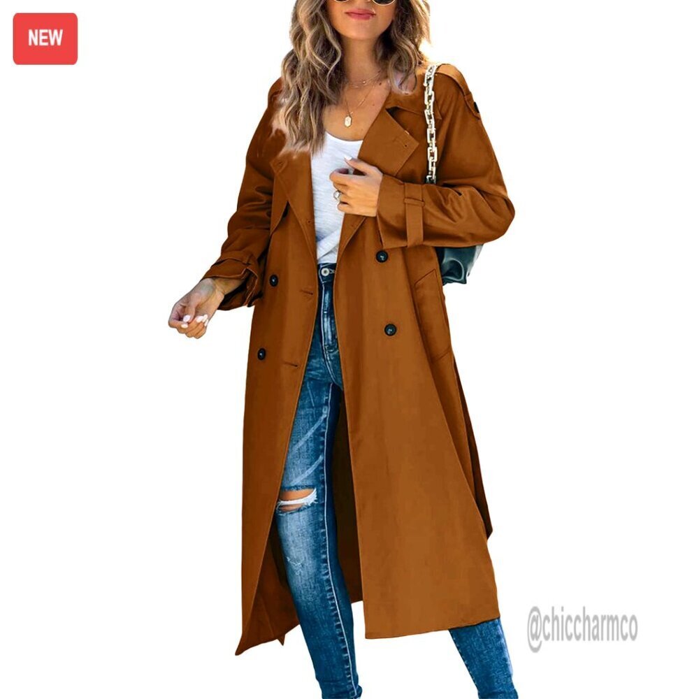 Double Breasted Long Trench Coat Windproof Slim Fit Belted Overcoat